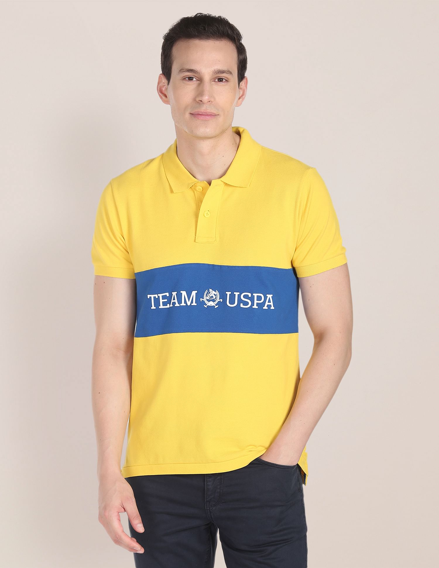 U.S. Polo Assn. Men Yellow Colour Block Cotton Polo Shirt