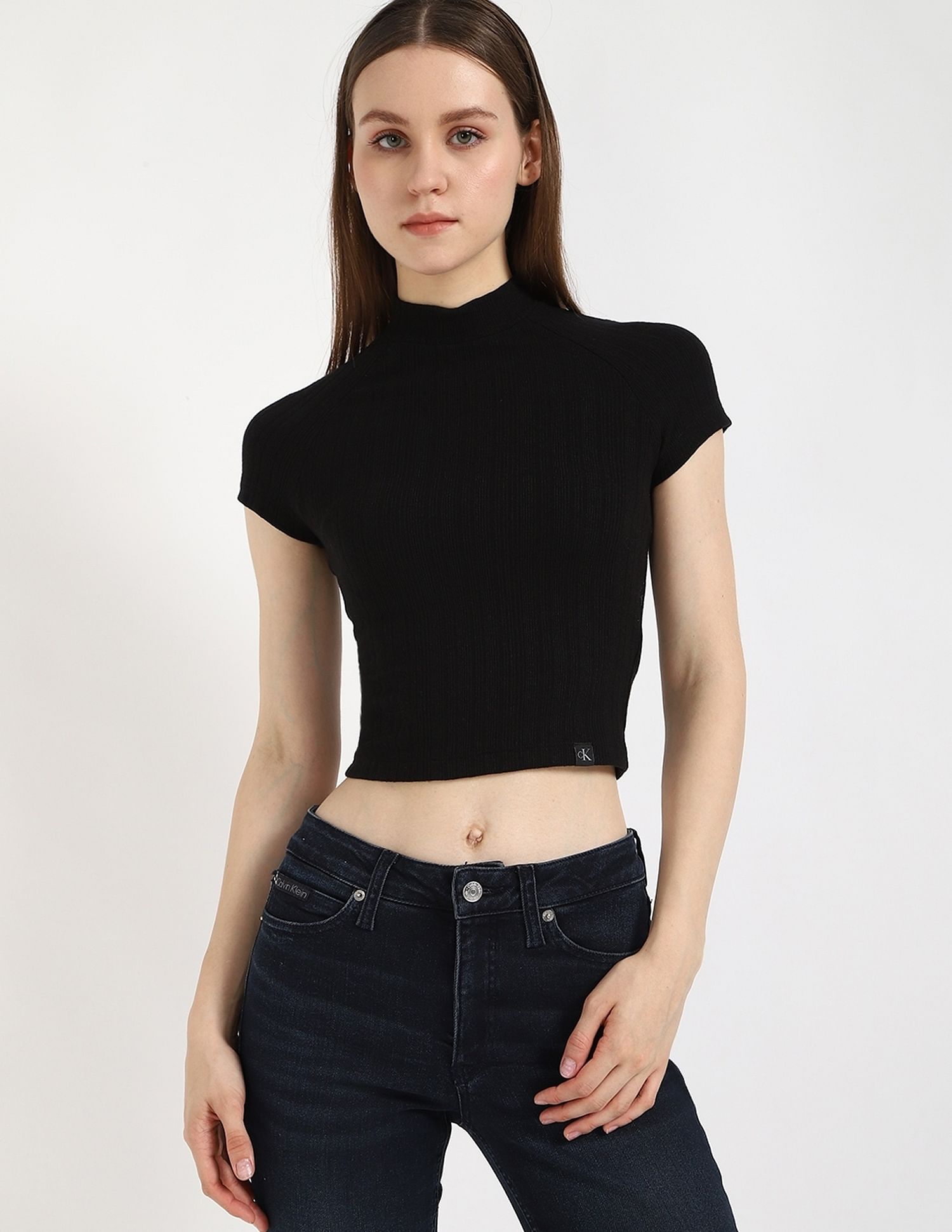 Calvin Klein Jeans Slim-Fit Viscose Mock Neck Crop Top
