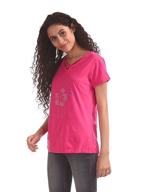 U.S. Polo Assn. Women Roll Up Sleeve Print T-Shirt