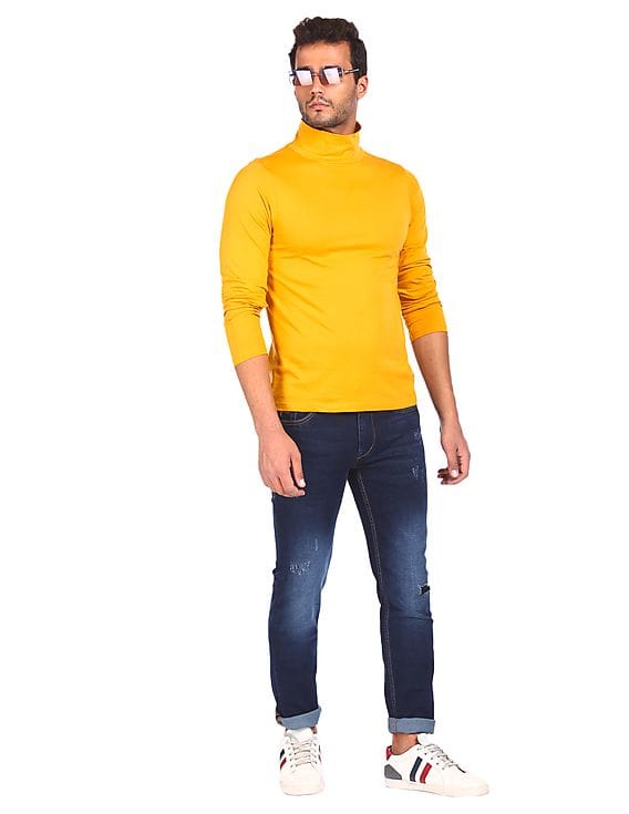 Men Mustard Turtleneck Solid T-Shirt 