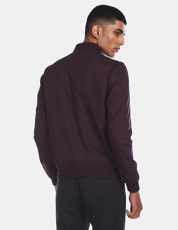 U.S. Polo Assn. Men Dark Purple Ribbed Stand Collar Solid Bomber Jacket