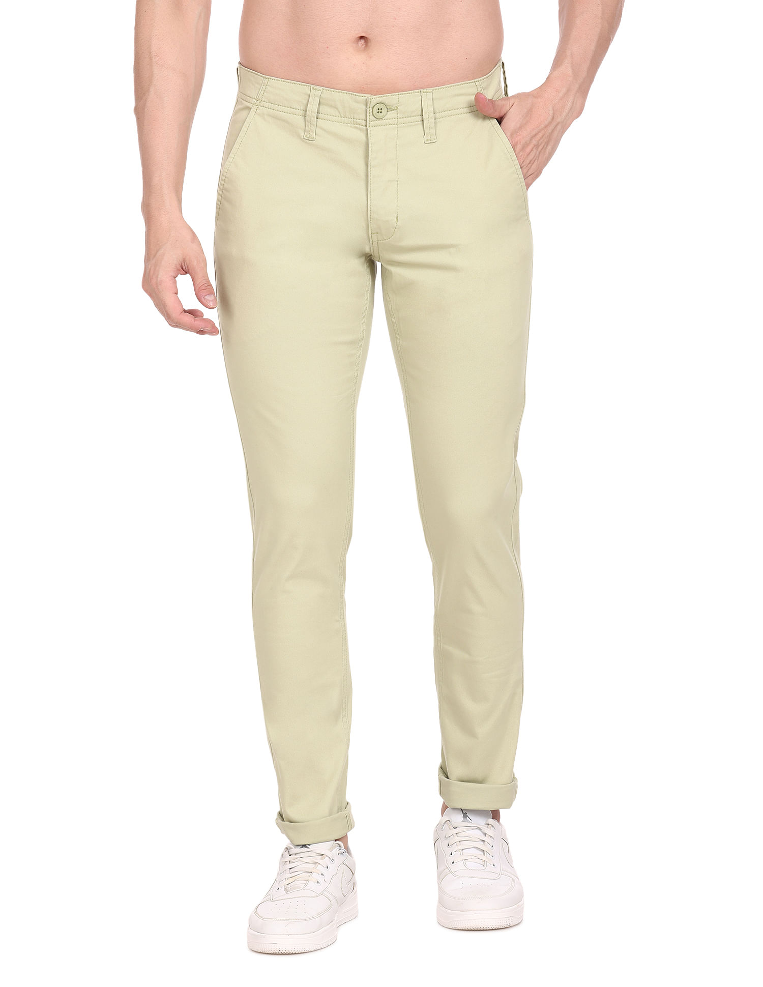 Flying Machine Mid Rise Twill Solid Trousers