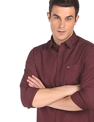 ZARTHA Men's Solid Casual Cotton Shirt - Burgundy Regular Fit, Size 42