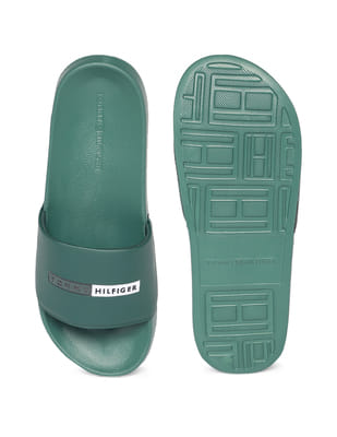 Buy Tommy Hilfiger Men Green Embroidery Pool Slide Slippers  display picture 3