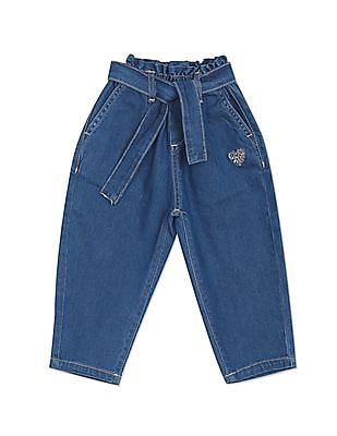 U S Polo Assn Kids Girls Blue Mid Rise Solid Paperbag Waist Jeans