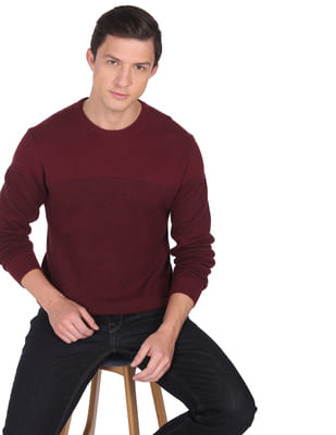 Crew Neck Geometric Patterned Knit Sweater