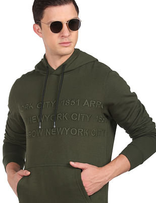 Men Olive Hooded Embroidered Solid Sweatshirt