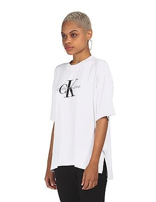 Buy Calvin Klein Women White Extended Short Sleeve Logo T