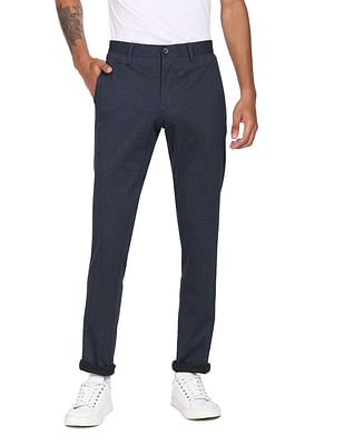 Flying Machine Men Navy Heathered Mid Rise Casual Trousers