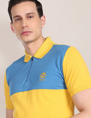 U S Polo Assn Men Yellow And Blue Colourblock Pique Knit Polo Shirt