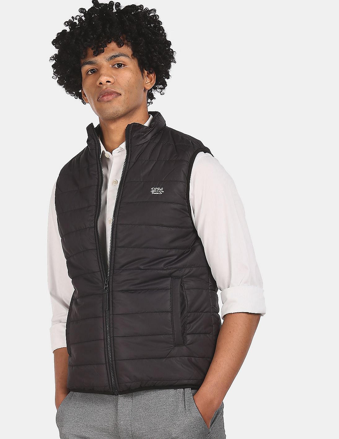 Buy U.S. Polo Assn. Denim Co. Men Black Sleeveless Solid Quilted Gilet ...
