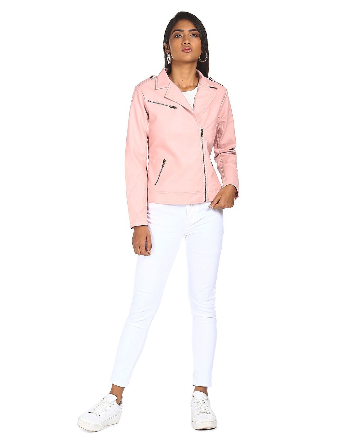 Buy Flying Machine Women Notch Lapel Collar Solid Biker