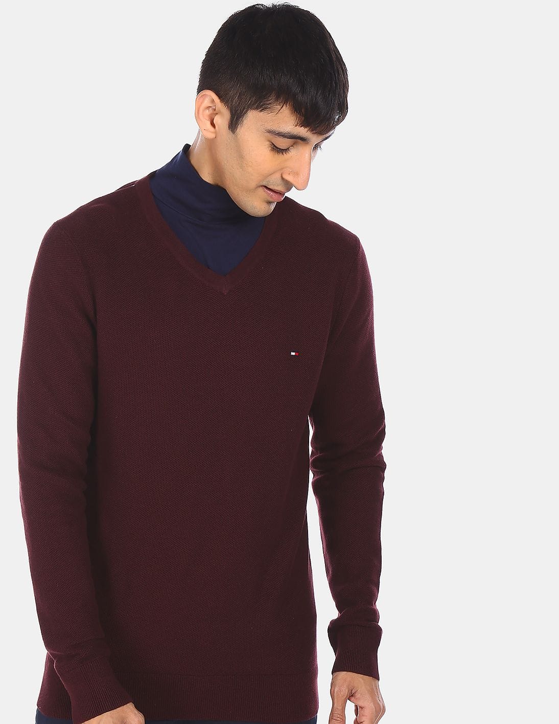 Buy Tommy Hilfiger Men Burgundy V-Neck Honeycomb Pattern Knit Sweater - NNNOW.com