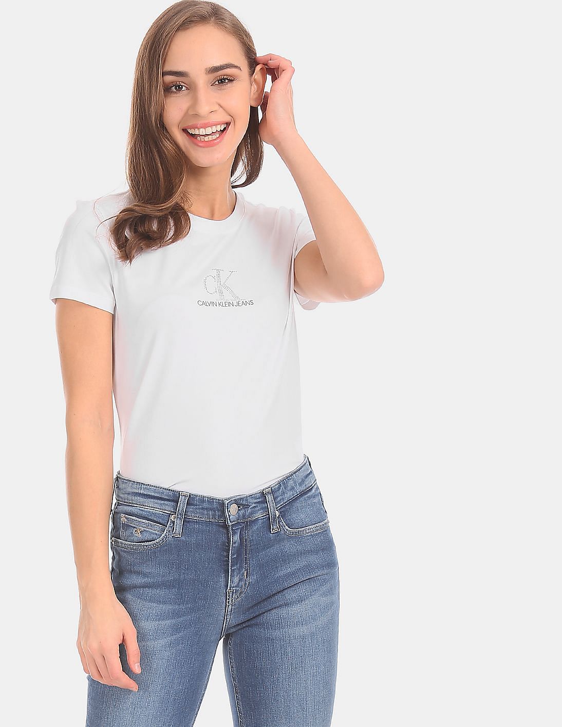 Buy Calvin Klein Women White Slim Fit Crystal Logo Embellished T-Shirt ...