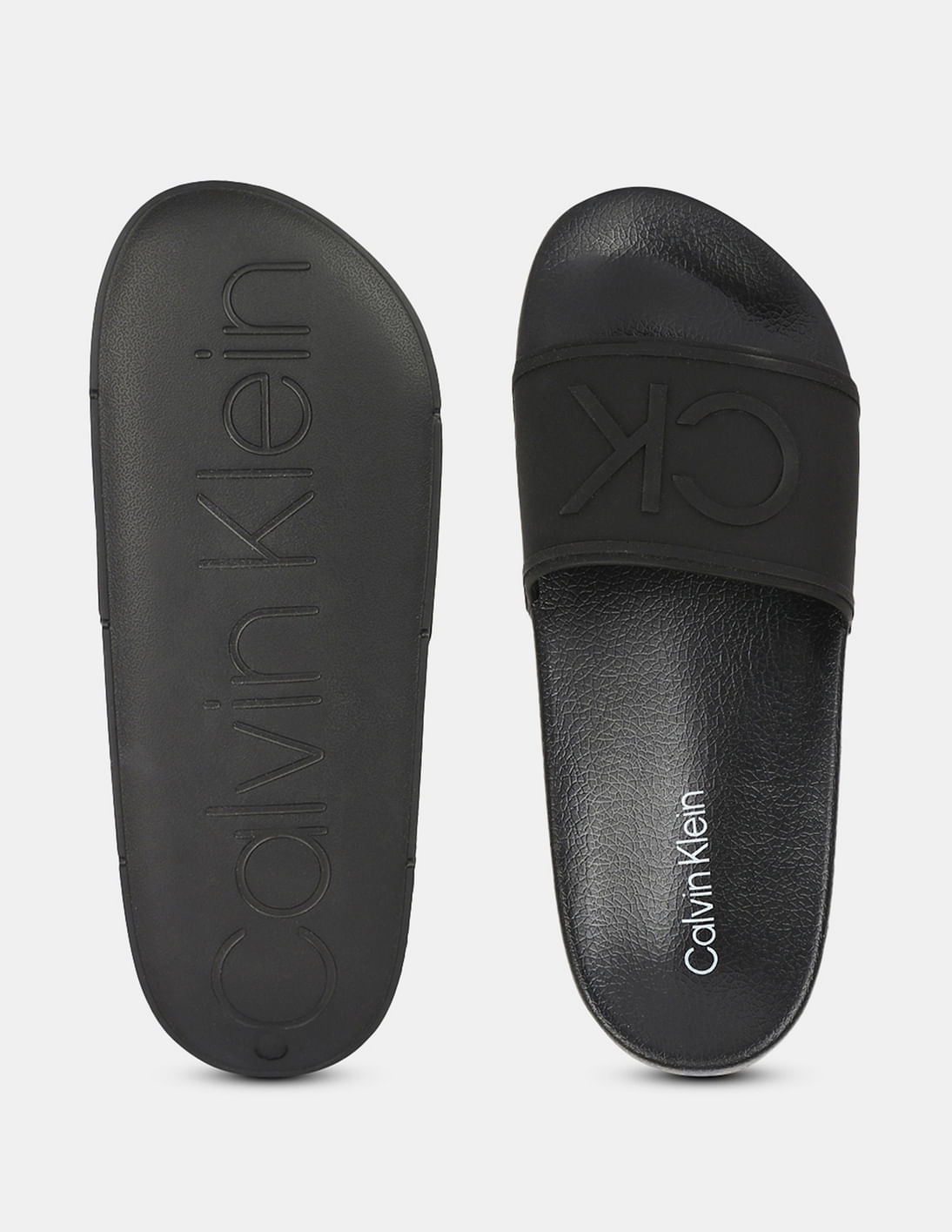 Buy Calvin Klein Men Black Embossed Logo Aivian Slides