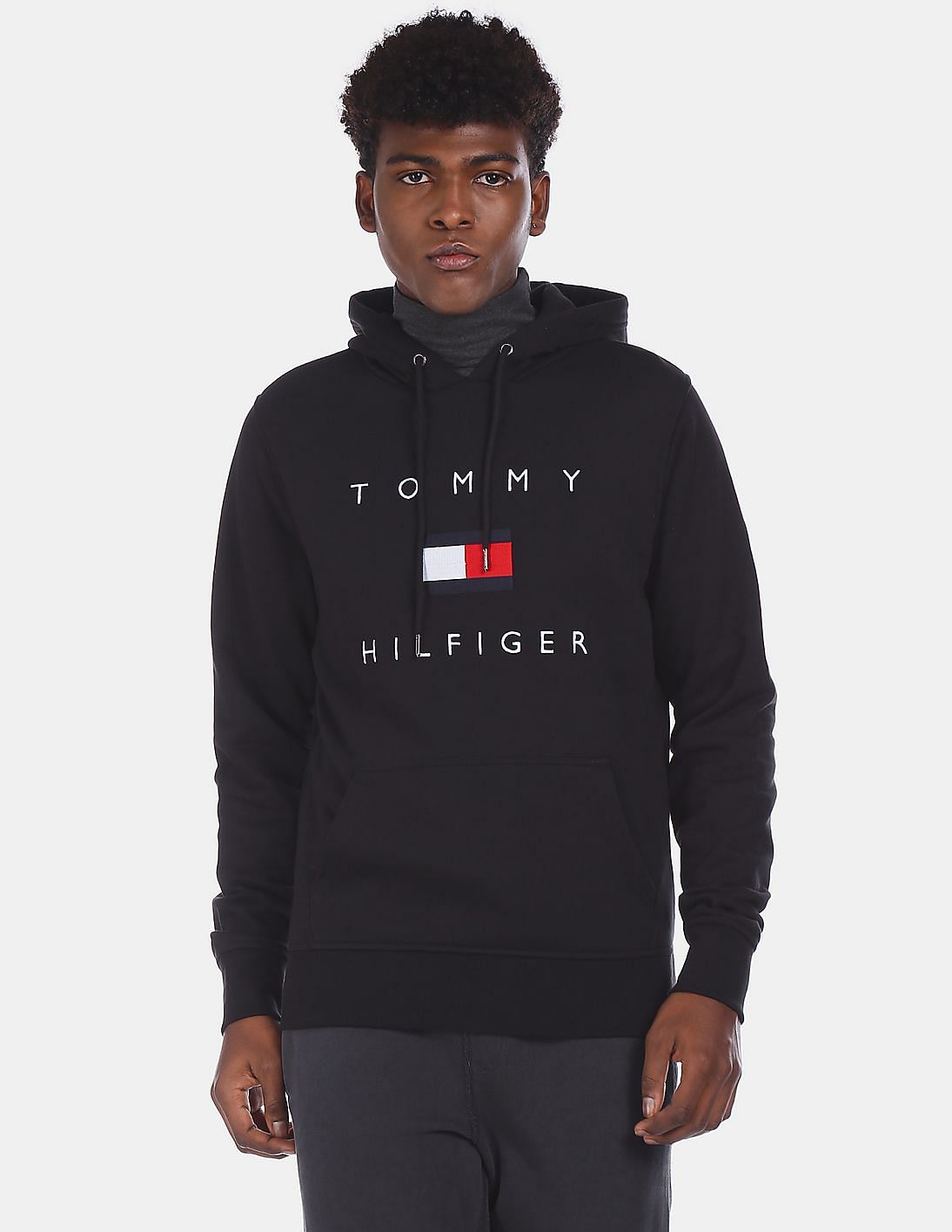 Buy Tommy Hilfiger Men Black Drawstring Hood Flag Branding Sweatshirt
