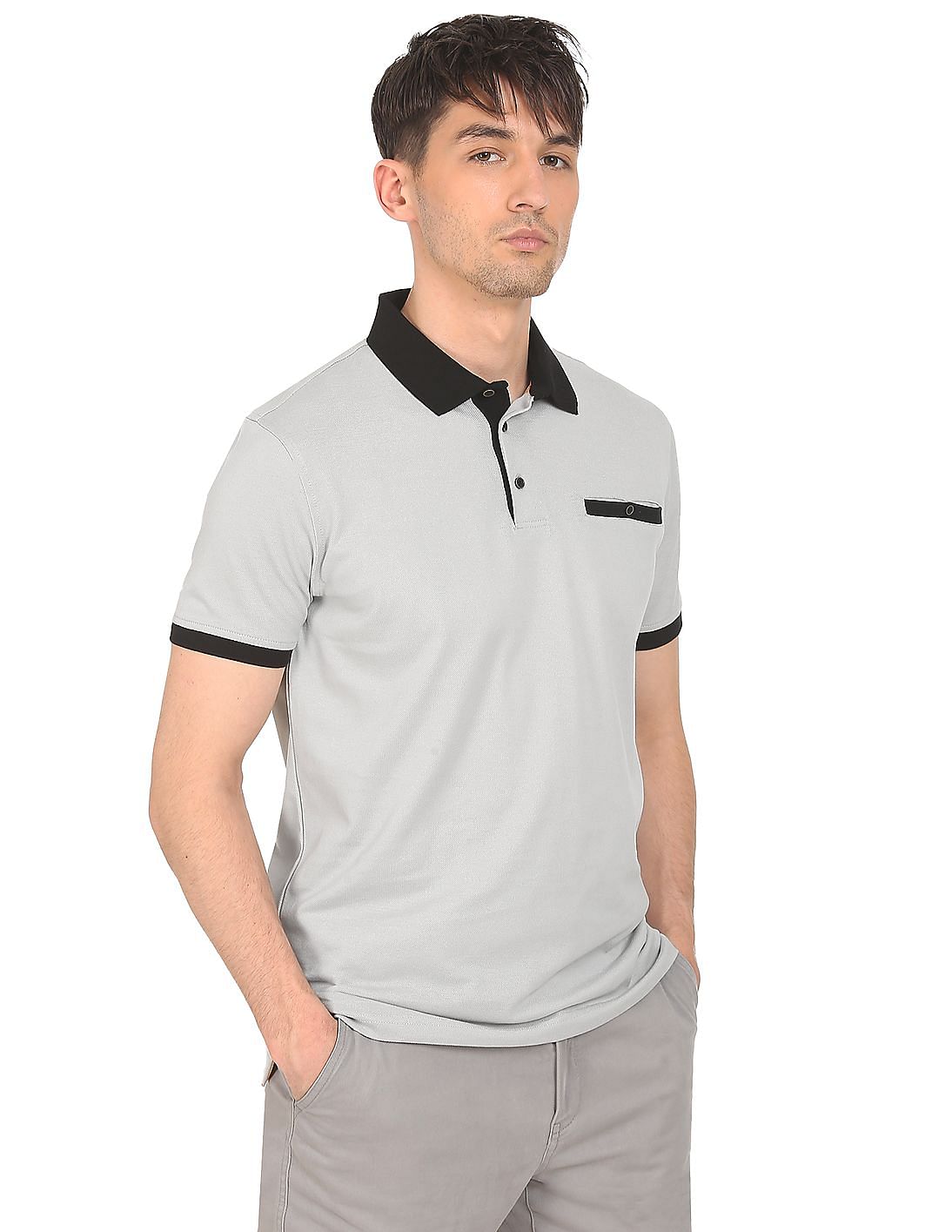 Gray cotton polo with officer collar