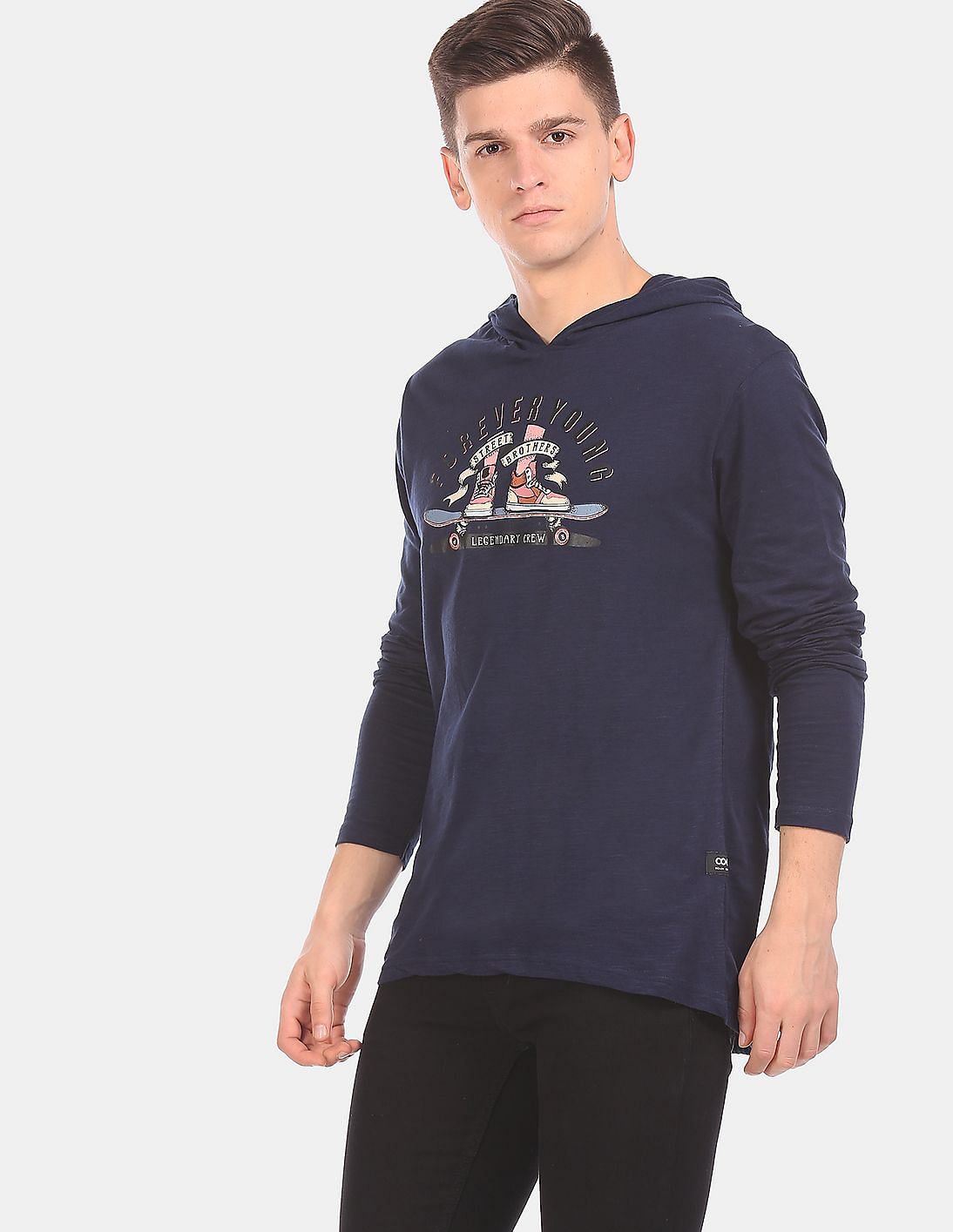 Buy Colt Men Navy Long Sleeve Hooded Graphic T-Shirt - NNNOW.com