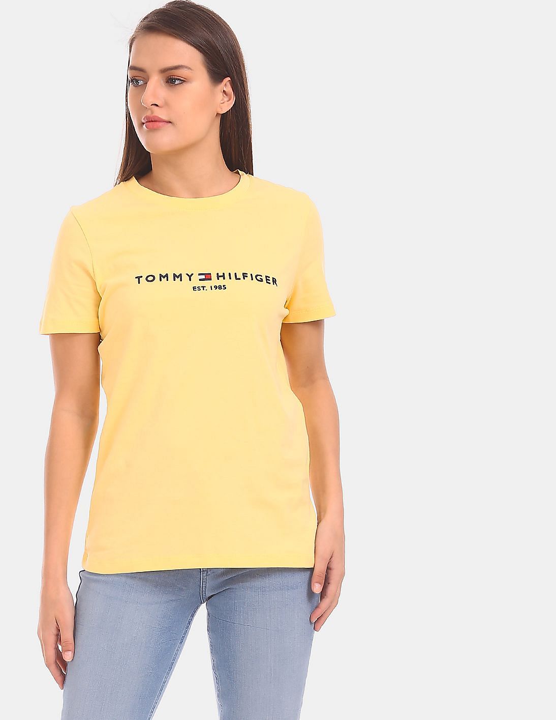 Buy Tommy Hilfiger Women Women Yellow Short Sleeve Crew Neck Logo T ...