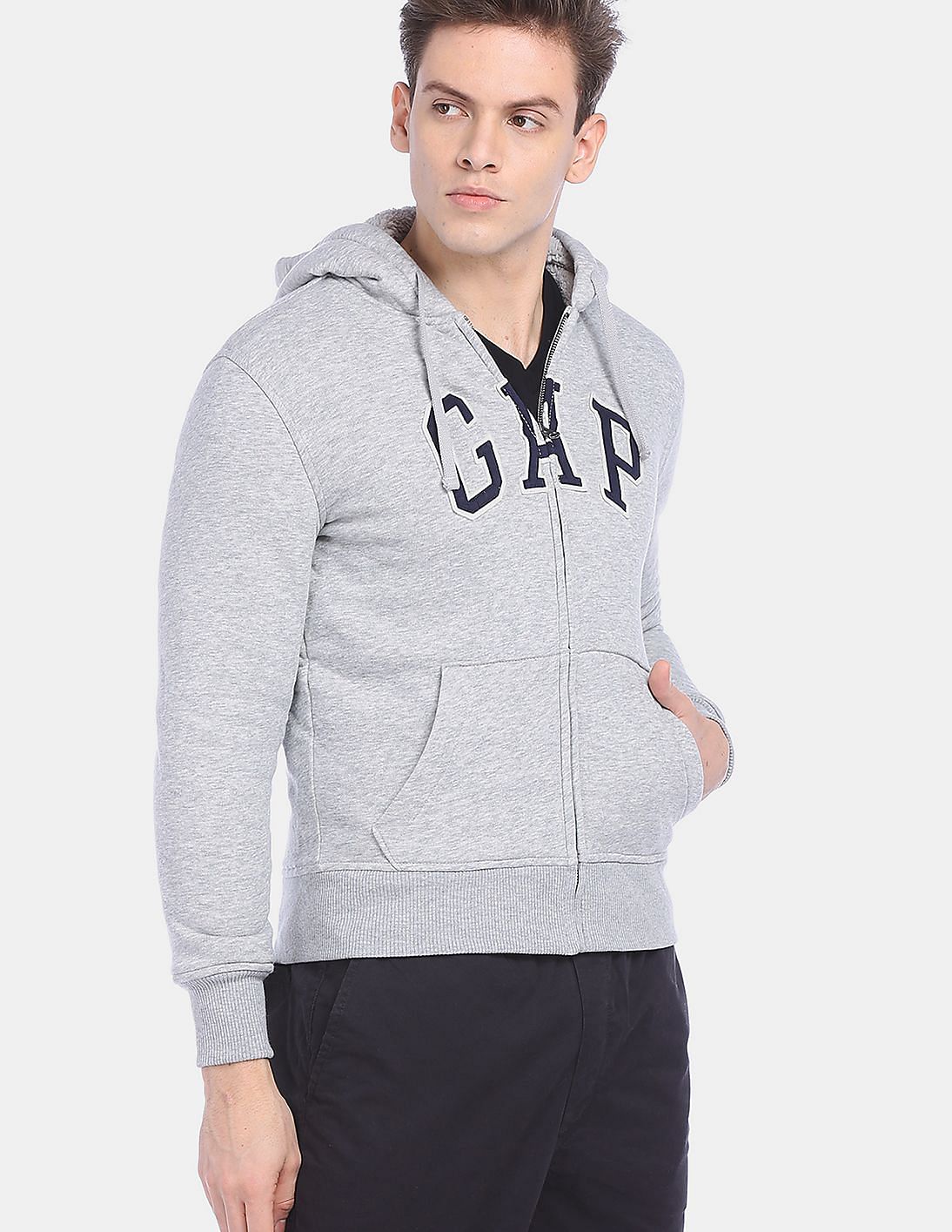Buy GAP Men Grey Sherpa-Lined Logo Full-Zip Hoodie - NNNOW.com