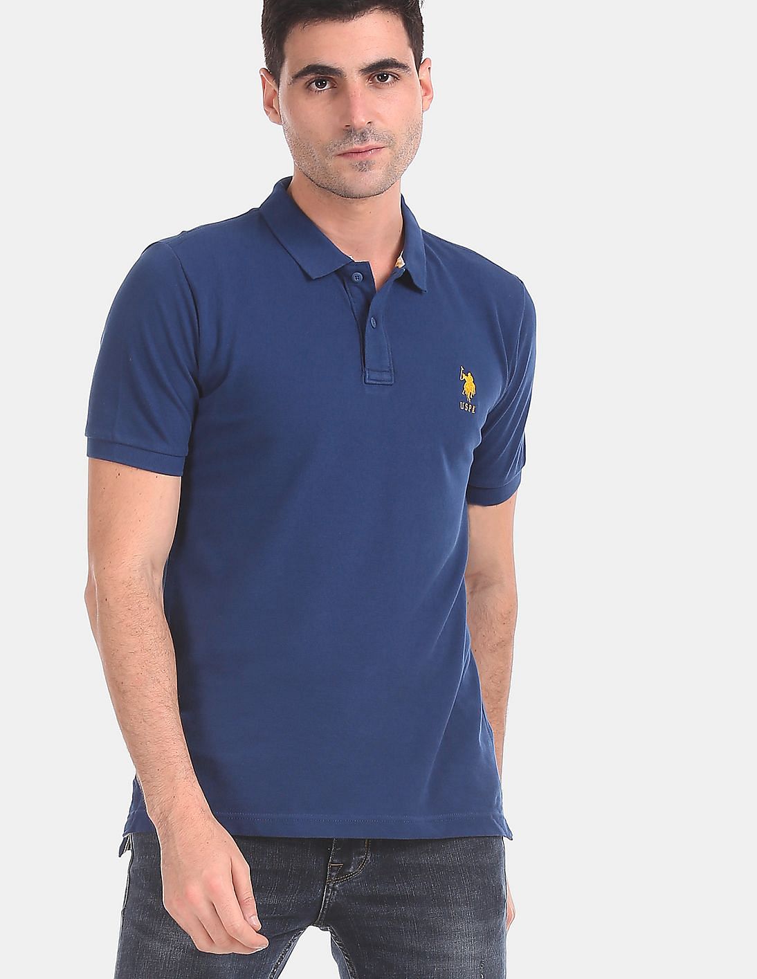 Buy U.S. Polo Assn. Men Blue Ribbed Collar Pique Polo Shirt - NNNOW.com