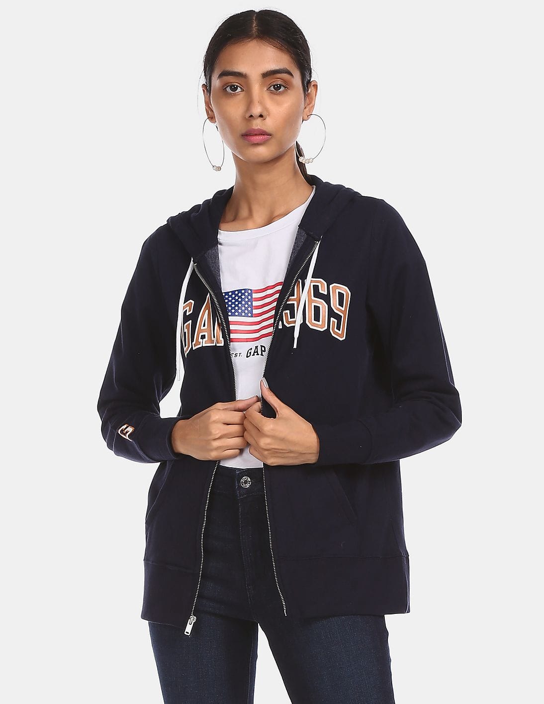 Buy GAP Women Navy Zip Up Brand Printed Hood Sweatshirt - NNNOW.com