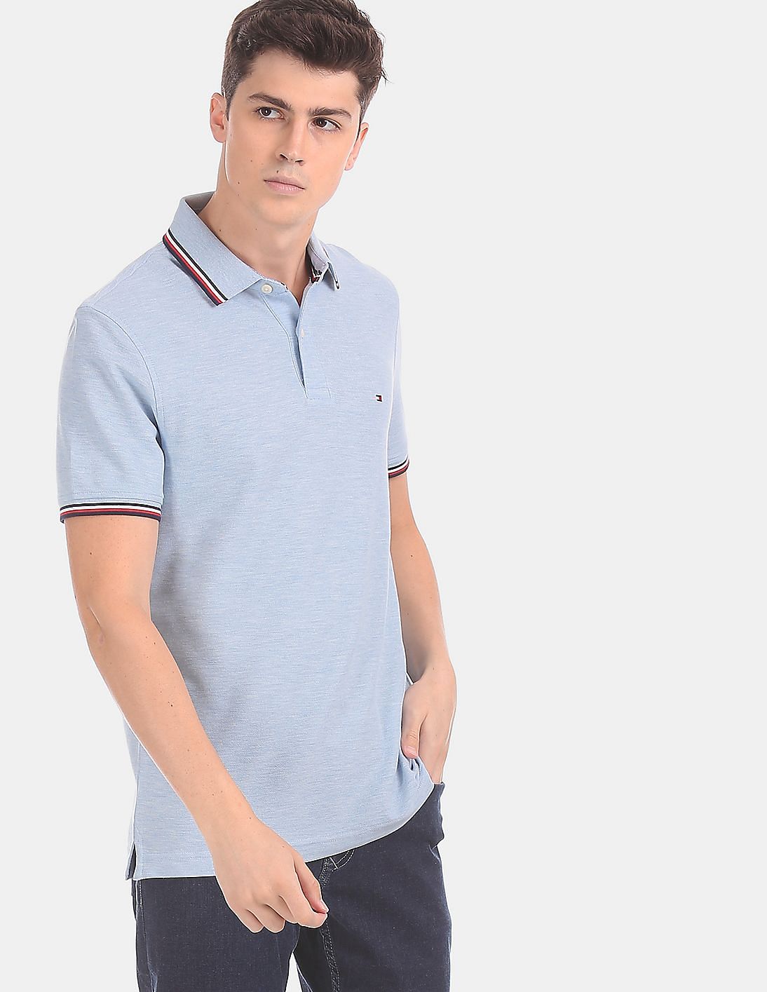Buy Tommy Hilfiger Men Men Blue Heathered Wicking Tipped Polo Shirt ...