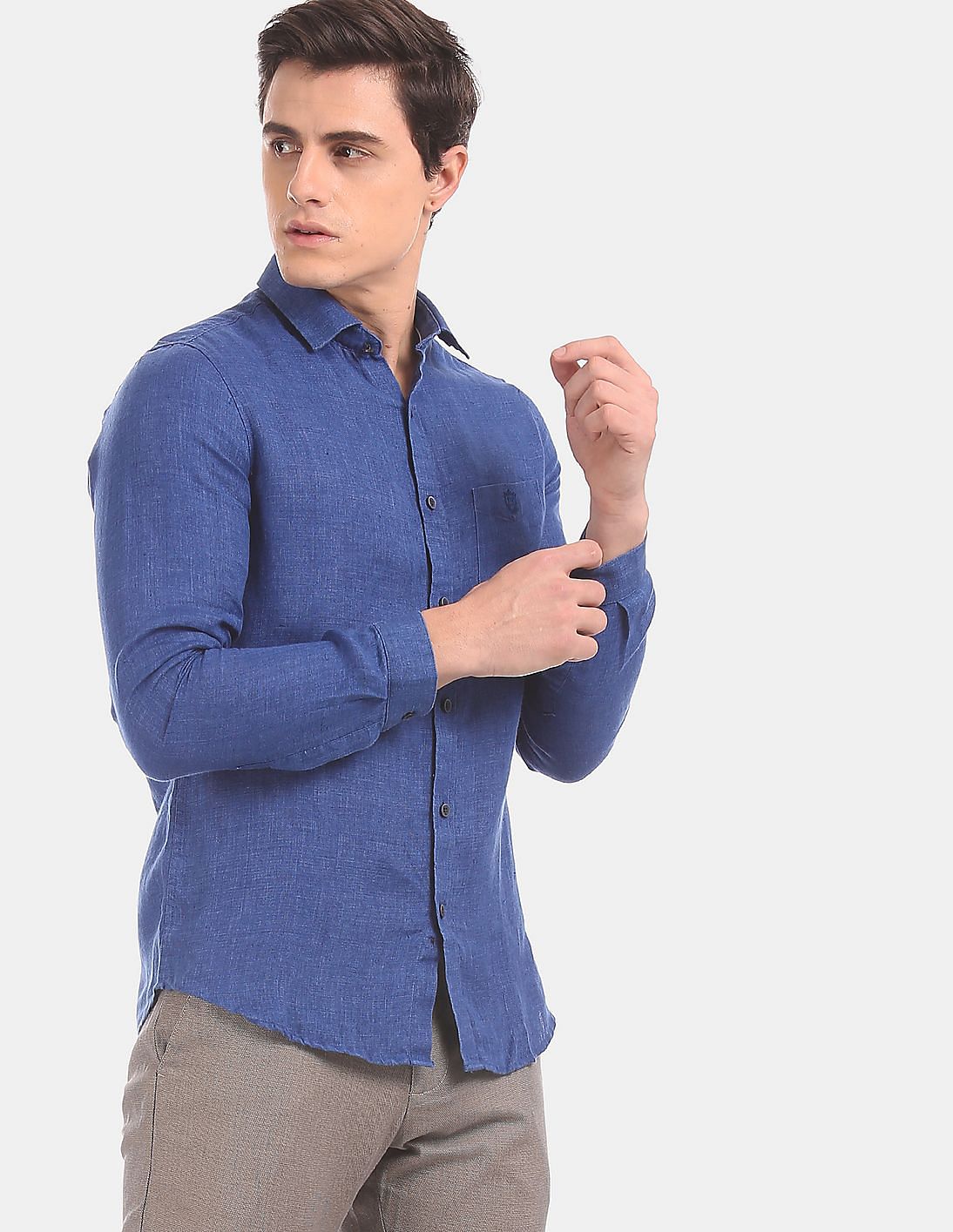 Buy True Blue Men Blue Cutaway Collar Solid Casual Shirt - NNNOW.com