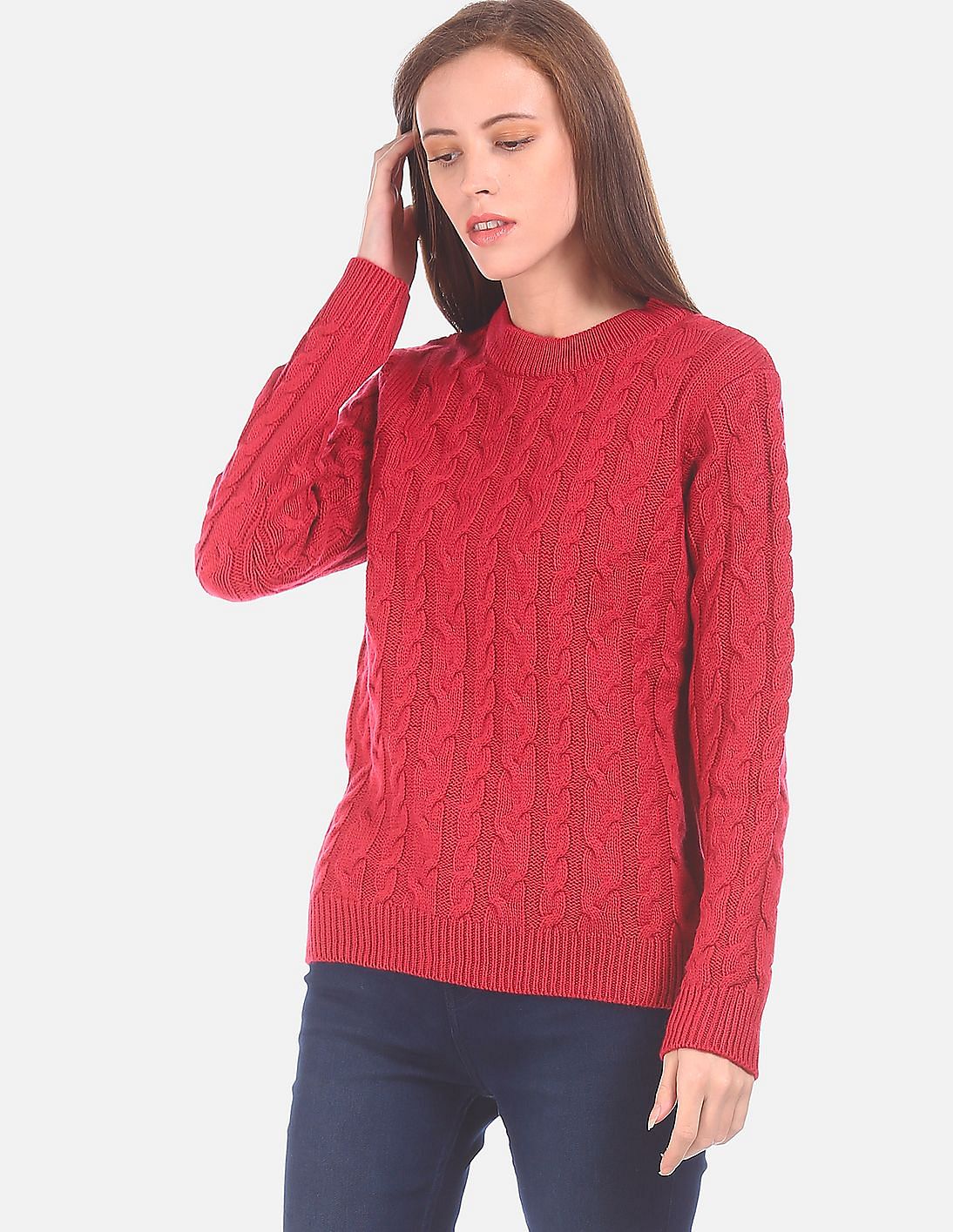 red crew neck sweater women's