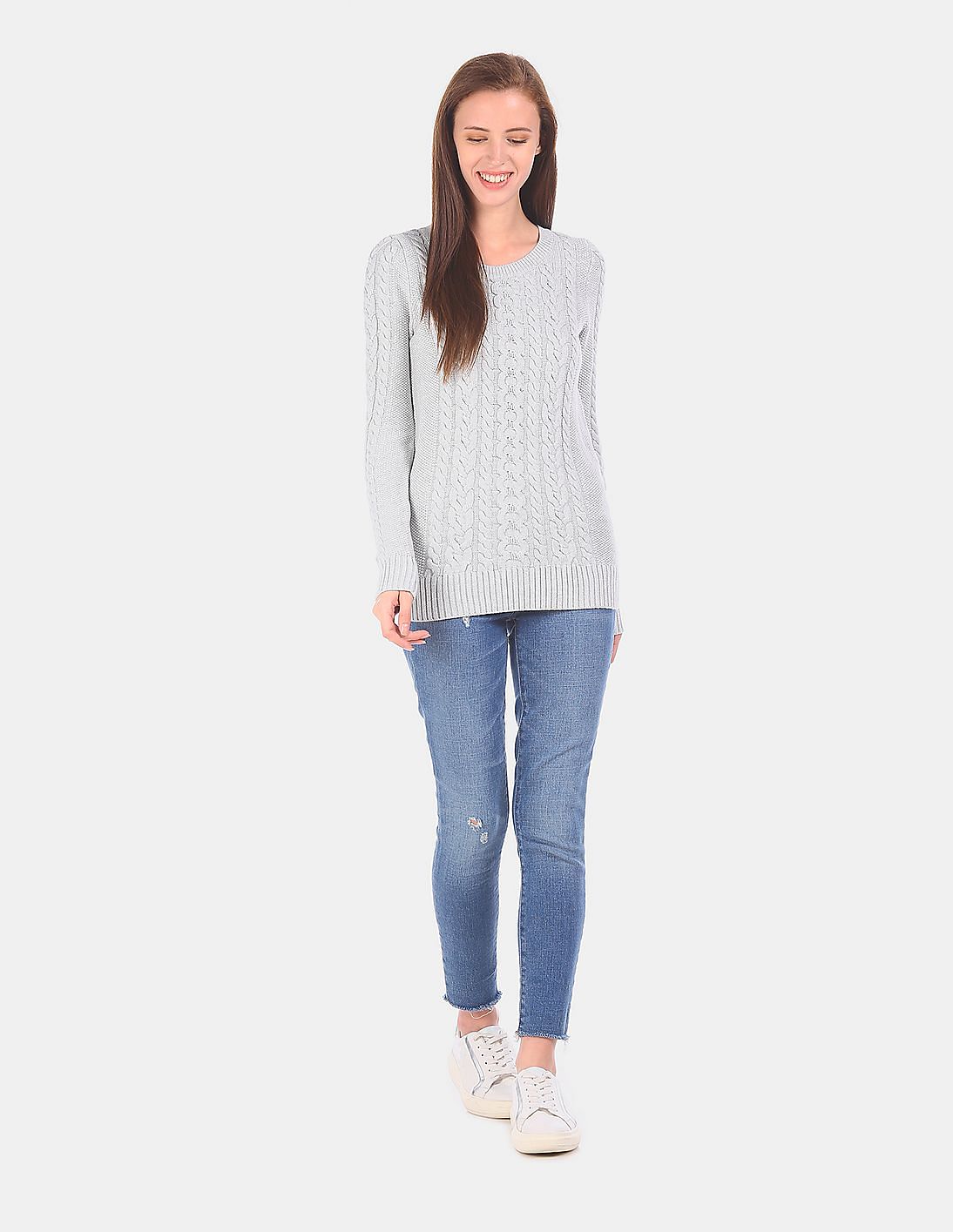 Buy GAP Women Grey Crew Neck Cable Knit Sweater - NNNOW.com Buy GAP Women Grey Crew Neck Cable Knit Sweater - NNNOW.com