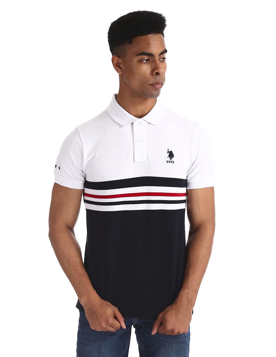 Buy Men White and Navy Striped Pique Polo Shirt online at NNNOW.com