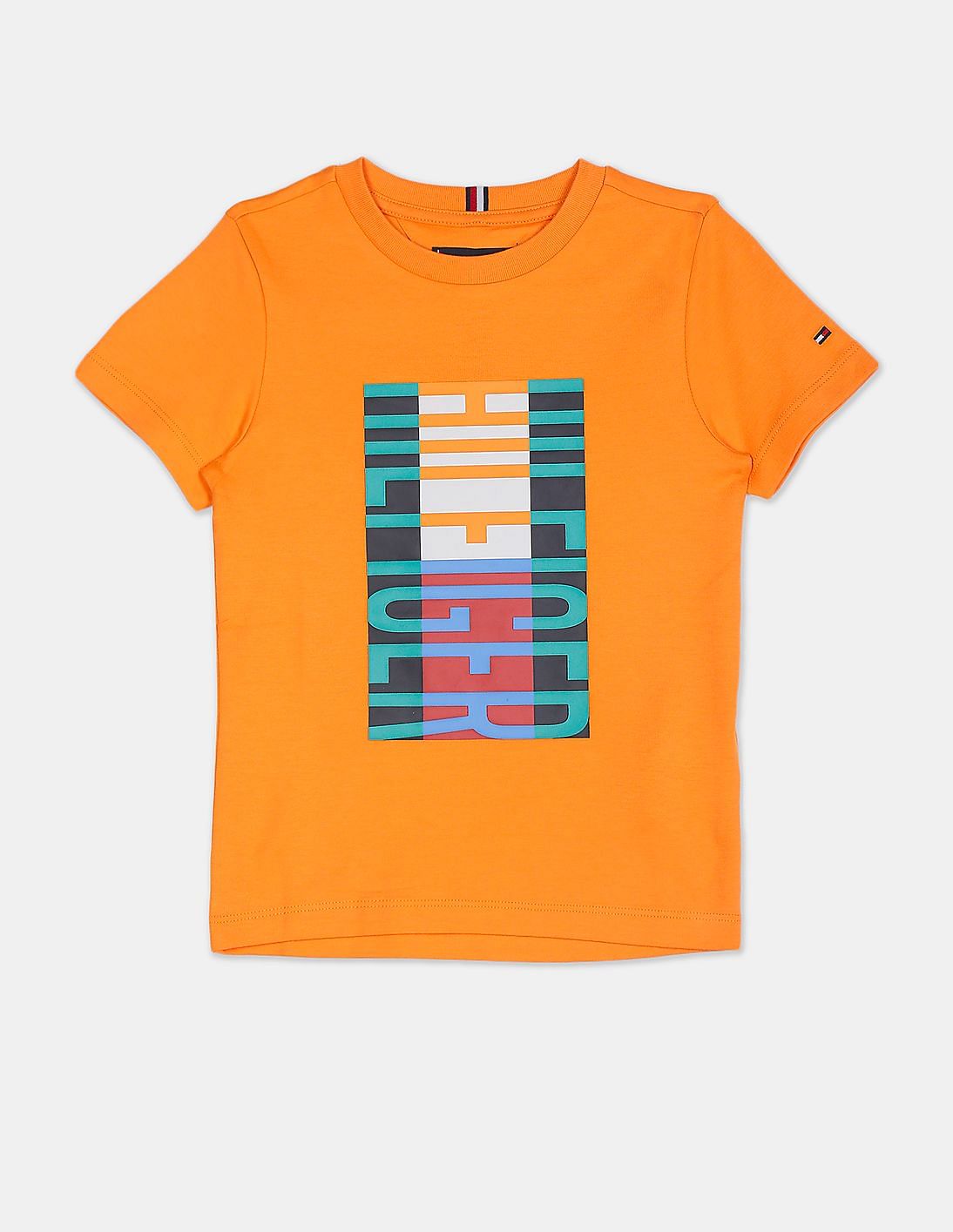 Buy Tommy Hilfiger Kids Boys Orange Fun Flag Printed Cotton T-Shirt ...