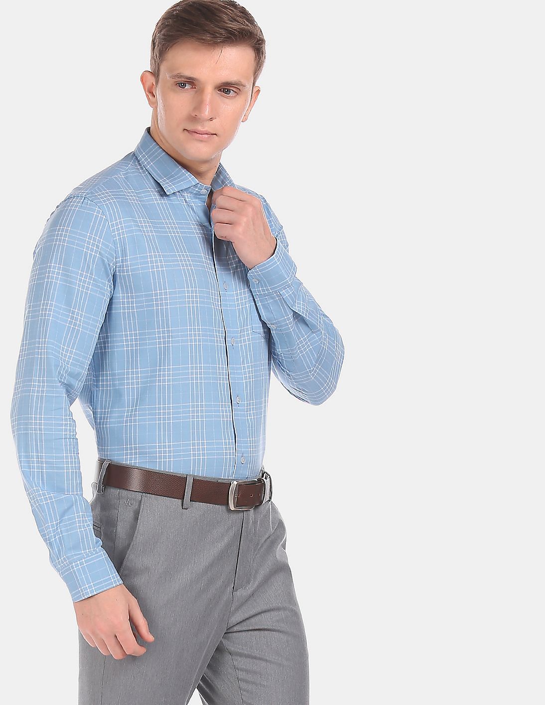 Buy Arrow Newyork Men Light Blue Slim Fit Check Formal Shirt - NNNOW.com