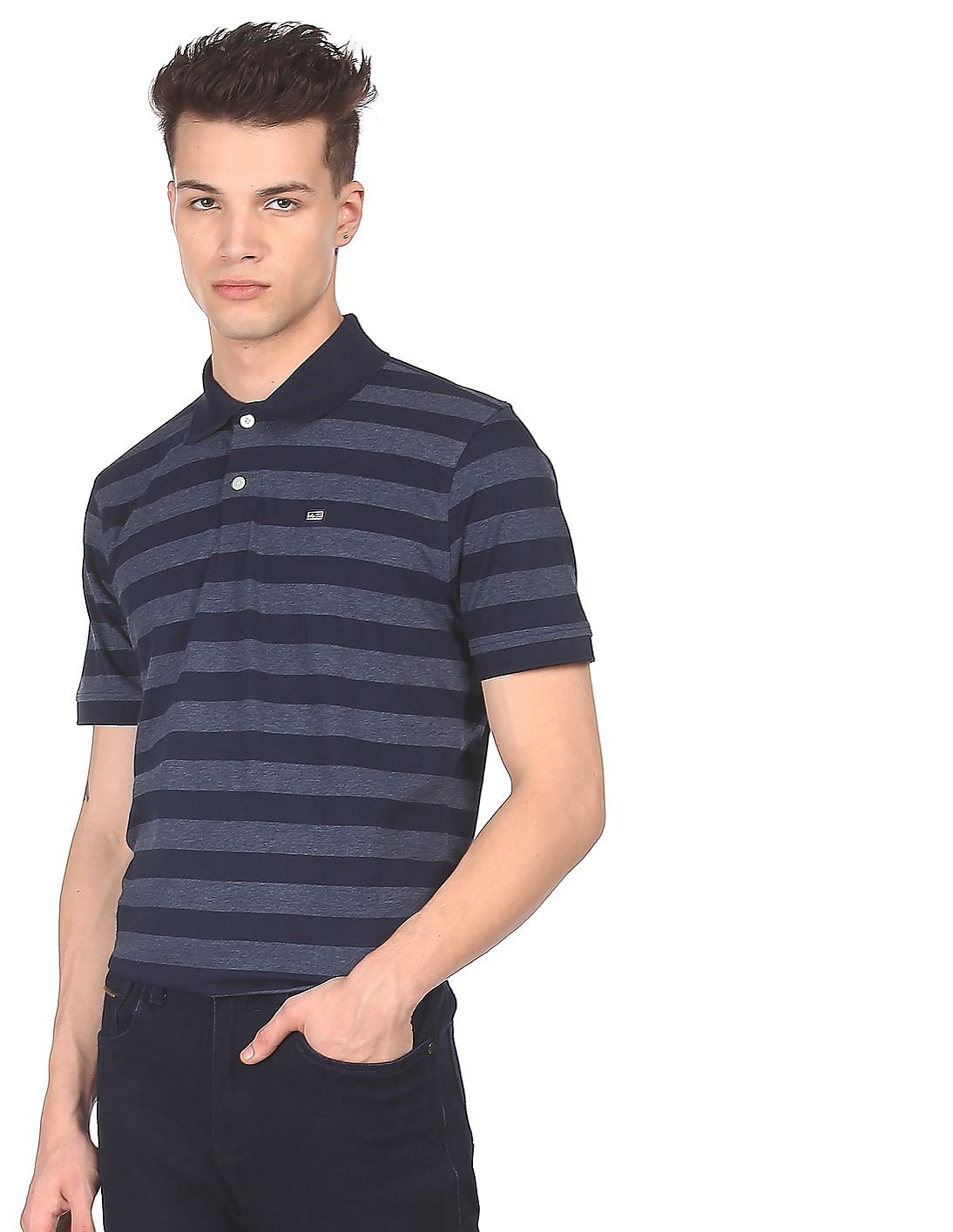 Buy Arrow Sports Men Navy Ribbed Collar Striped Polo Shirt - NNNOW.com