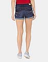 Aeropostale Women Dark Blue Low Rise Dark Washed Distressed Denim Shorts