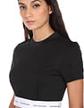 Calvin Klein Women Black Short Sleeve Brand Tape Crop T-Shirt